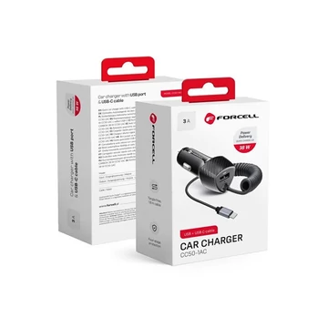 FORCELL F-ENERGY CC50-1AC USB-A autós töltő USB-C kábellel, PD QC3.0, 3A, 38W, carbon fekete