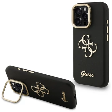 Guess PU Grained 4G Logo Stand Camera Frame iPhone 16 Pro hátlap tok kitámasztóval, fekete