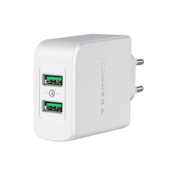 Rampow RBA16 hálózati gyorstöltő adapter 2xUSB-A QC, 39W, fehér