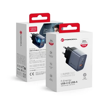 Forcell hálózati gyorstöltő USB-C + USB-A, PD + QC 4.0, 4A, 45W, kék