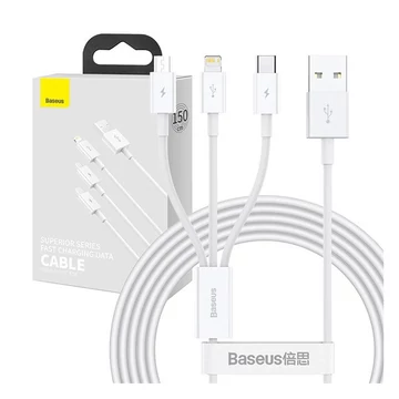 Baseus Superior Series 3in1 töltő- és adatkábel, USB / microUSB / USB-C / Lightning, 3,5 A, 1,2 m, fehér