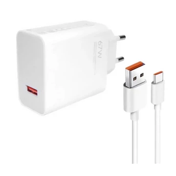 Xiaomi MDY-12-EH gyári hálózati töltő adapter USB-A+ USB-C kábel, 67W, fehér, ECO csomagolásban