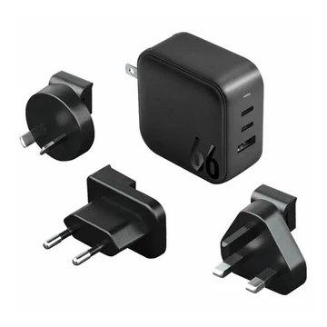 Energea Travelite GAN66 1xUSB-A/ 2xUSB-C utazó gyorstöltő adapter, (PD-PPS-QC 3.0) 66W, fekete (US/EU)