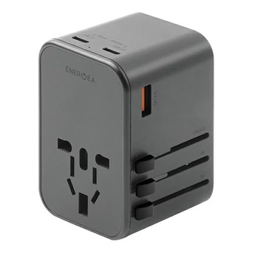 Energea Travelworld GaN65 4in1 1xUSB-A/ 2xUSB-C utazó gyorsöltő adapter, (PD-PPS-QC 3.0) 65W, szürke (US/UA/EU/UK)