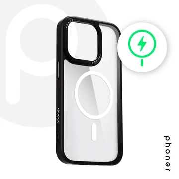 Phoner Custom Hybrid Apple iPhone 13 / 14 / 15 MagSafe kompatibilis hátlap tok, fekete (fekete gombokkal)