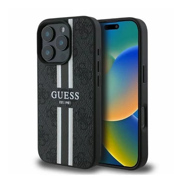 Guess 4G Printed Stripes MagSafe Apple iPhone 16 Pro Max hátlap tok, fekete/barna GUHMP16XP4RPSK