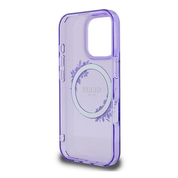 Guess IML Flowers Wreath iPhone 16 Pro MagSafe kemény hátlap tok, lila GUHMP16LHFWFCU