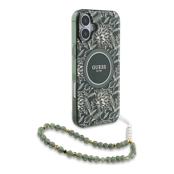 Guess IML Flowers Allover Electro iPhone 16 kemény hátlap tok pánttal, zöld GUHMP16SHCPOFPA