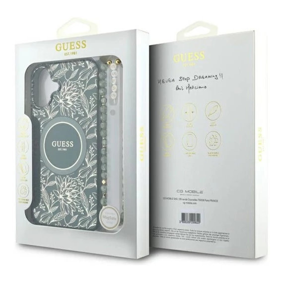 Guess IML Flowers Allover Electro iPhone 16 kemény hátlap tok pánttal, zöld GUHMP16SHCPOFPA