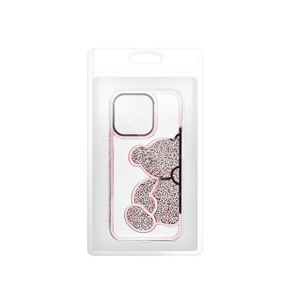 Teddy Bear iPhone 14 Pro csillogó köves tok, rózsaszín