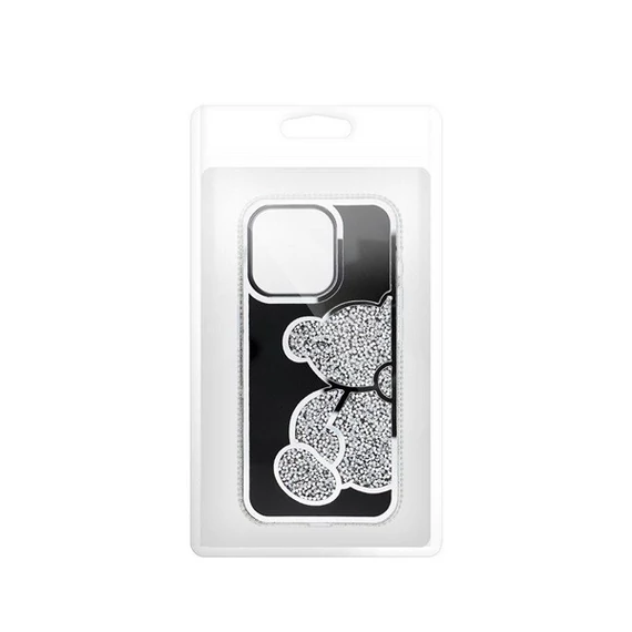 Teddy Bear iPhone 15 csillogó köves tok, ezüst