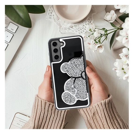 Teddy Bear Samsung Galaxy A15 4G / A15 5G csillogó köves tok, ezüst