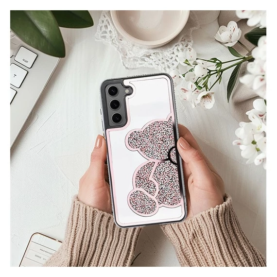 Teddy Bear Samsung Galaxy A15 4G / A15 5G csillogó köves tok, rózsaszín