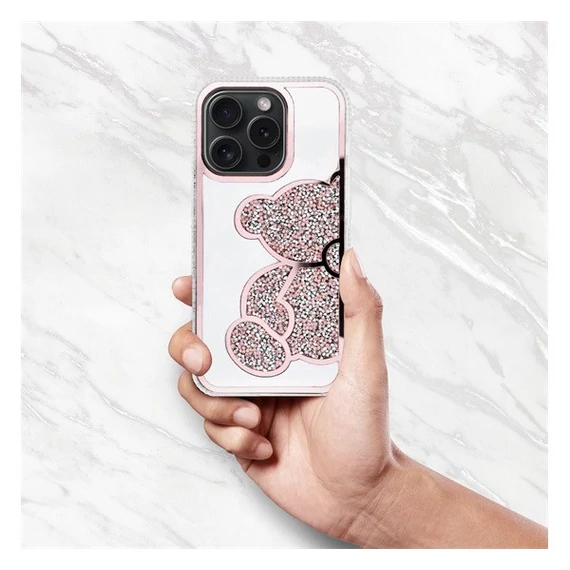 Teddy Bear iPhone 16 Pro csillogó köves tok, rózsaszín