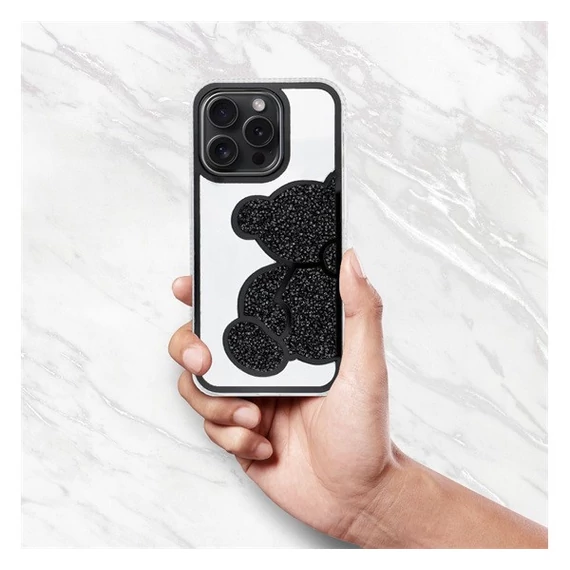 Teddy Bear iPhone 16 Plus csillogó köves tok, fekete
