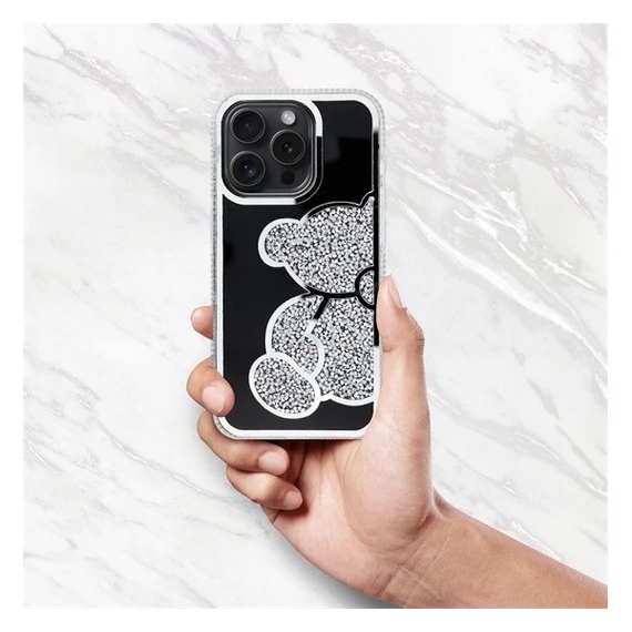 Teddy Bear iPhone 16 Plus csillogó köves tok, ezüst