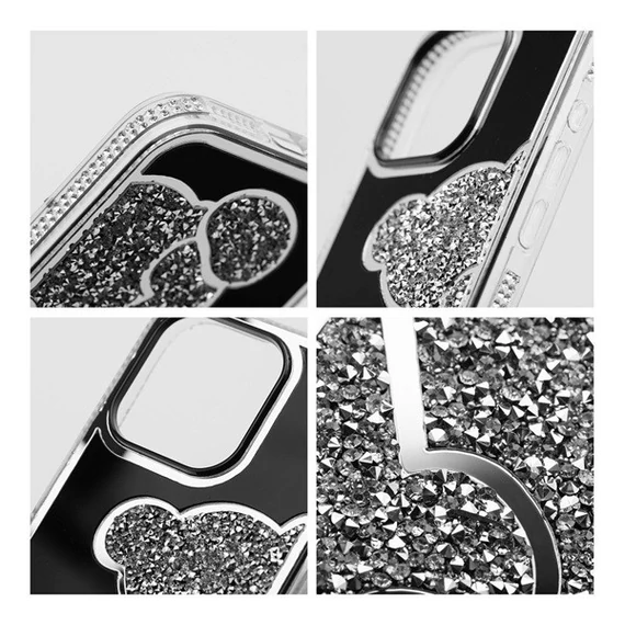 Teddy Bear iPhone 16 Plus csillogó köves tok, ezüst