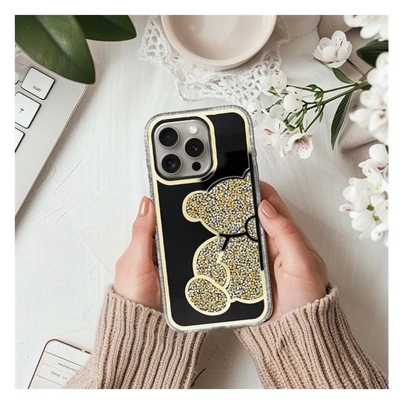 Teddy Bear iPhone 16 Plus csillogó köves tok, arany