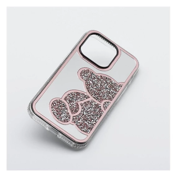 Teddy Bear iPhone 16 Plus csillogó köves tok, rózsaszín