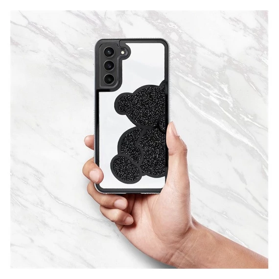 Teddy Bear Samsung Galaxy A15 4G / A15 5G csillogó köves tok, fekete