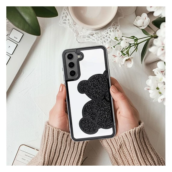 Teddy Bear Samsung Galaxy A15 4G / A15 5G csillogó köves tok, fekete