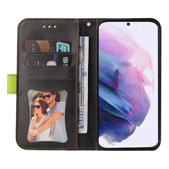 Apple Wooze Colour Wallet iPhone 16 Plus oldalra nyíló tok, stand, kártyatartóval, kézpánttal, zöld