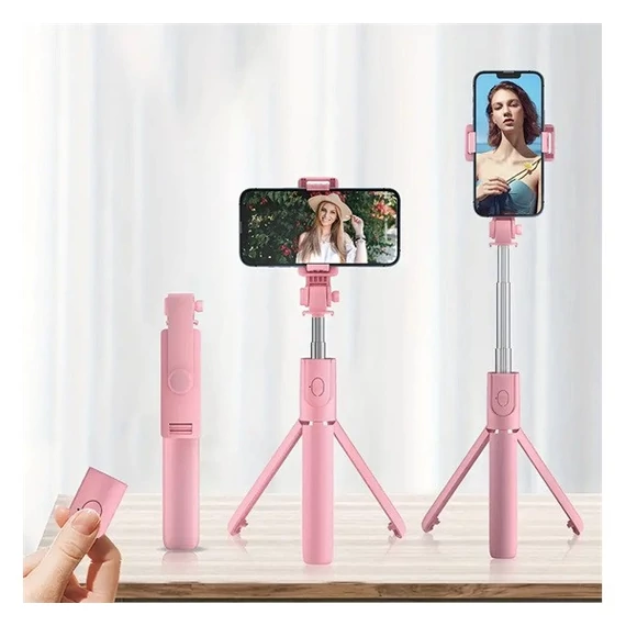 Prémium selfie bot, 19 - 70 cm, forgatható, exponáló gombbal, bluetooth-os, v4.0, tripod, R1, rózsaszín
