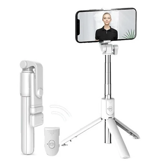 Prémium selfie bot, 19 - 70 cm, forgatható, exponáló gombbal, bluetooth-os, v4.0, tripod, világítással, R1S, fehér