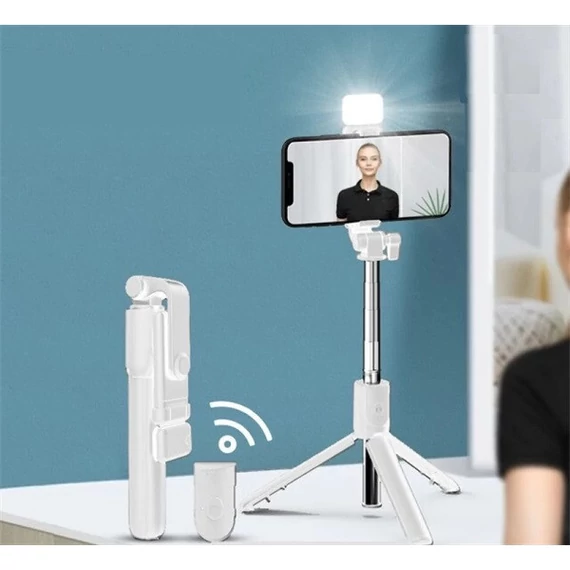 Prémium selfie bot, 19 - 70 cm, forgatható, exponáló gombbal, bluetooth-os, v4.0, tripod, világítással, R1S, fehér