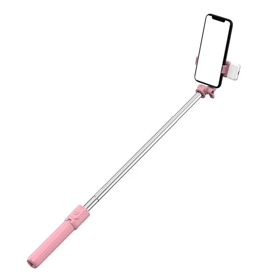 Prémium selfie bot, 19 - 70 cm, forgatható, exponáló gombbal, bluetooth-os, v4.0, tripod, világítással, R1S, rózsaszín