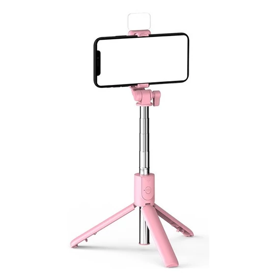 Prémium selfie bot, 19 - 70 cm, forgatható, exponáló gombbal, bluetooth-os, v4.0, tripod, világítással, R1S, rózsaszín