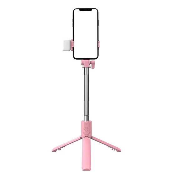 Prémium selfie bot, 19 - 70 cm, forgatható, exponáló gombbal, bluetooth-os, v4.0, tripod, világítással, R1S, rózsaszín