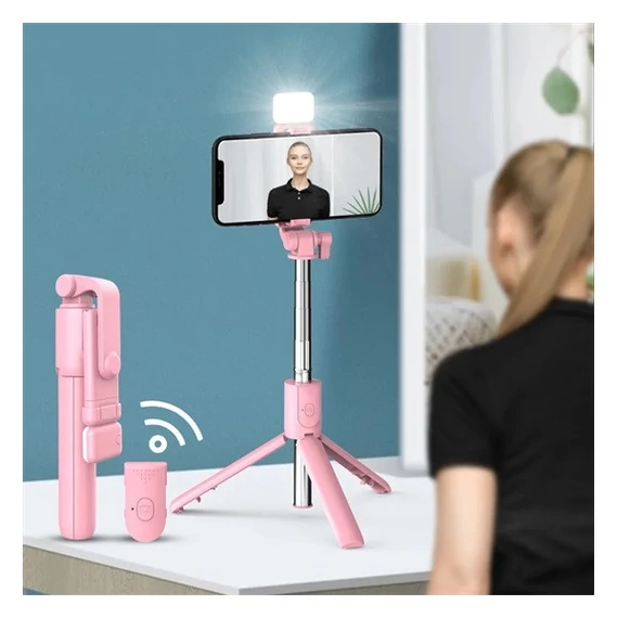 Prémium selfie bot, 19 - 70 cm, forgatható, exponáló gombbal, bluetooth-os, v4.0, tripod, világítással, R1S, rózsaszín