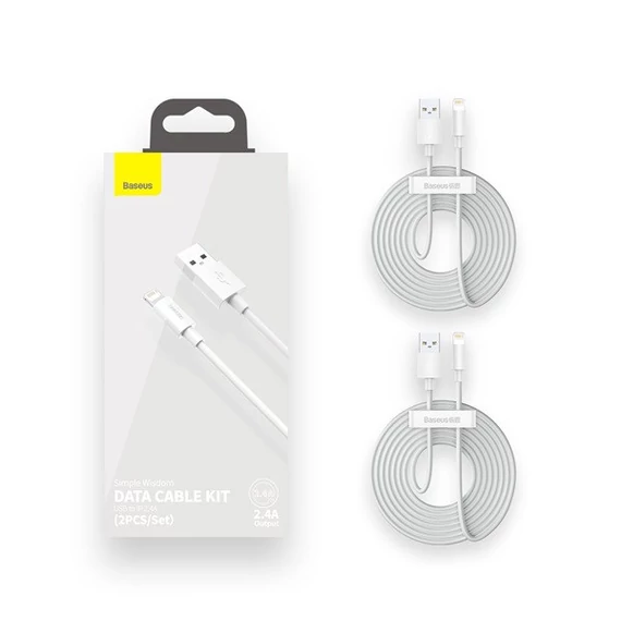 Baseus Simple Wisdom USB / Lightning adat/töltőkábel, 2,4A, 1,5m, Fehér (2db)
