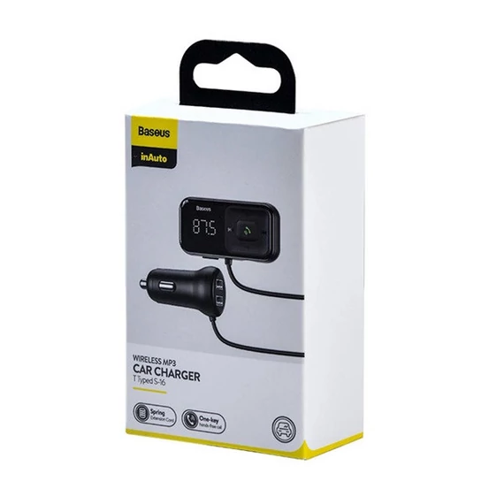 Baseus T Type S-16 vezeték nélküli Bluetooth MP3-lejátszó+2USB-Autós töltő, Fekete
