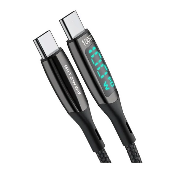 BlitzWolf BW-TC23 USB-C - USB-C töltőkábel kijelzővel, 100W, 1.8m, fekete