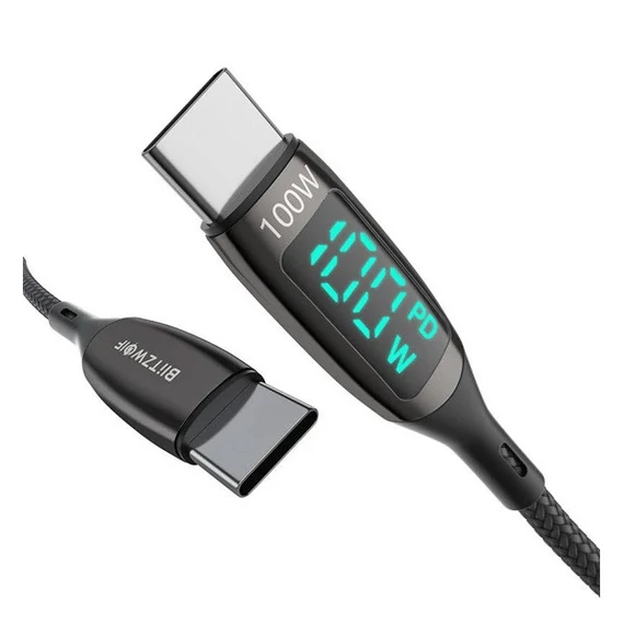 BlitzWolf BW-TC23 USB-C - USB-C töltőkábel kijelzővel, 100W, 1.8m, fekete