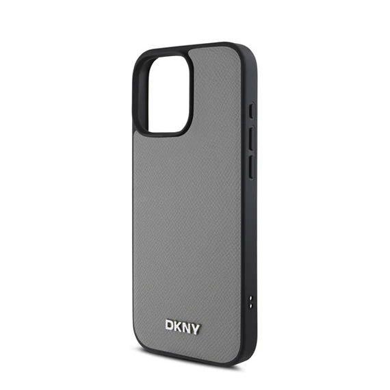 DKNY PU Leather Silver Metal Logo iPhone 16 Pro MagSafe tok, szürke