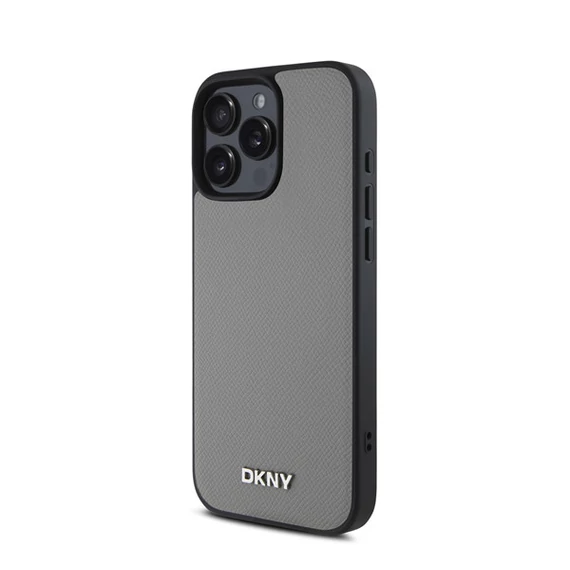 DKNY PU Leather Silver Metal Logo iPhone 16 Pro Max MagSafe tok, szürke