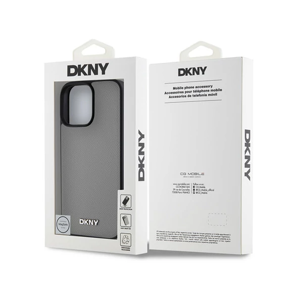 DKNY PU Leather Silver Metal Logo iPhone 16 Pro Max MagSafe tok, szürke