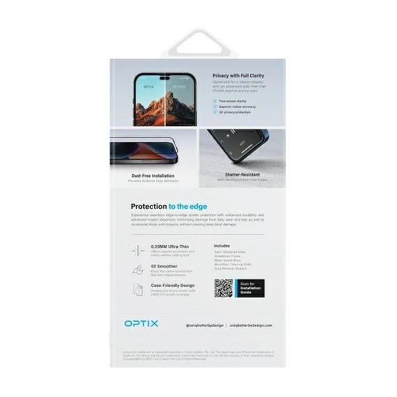 Uniq Optix Privacy iPhone 16 Plus / 15 Plus / 14 Pro Max tempered glass kijelzővédő fólia felhelyező kerettel