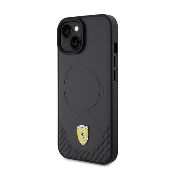 Ferrari Carbon Metal Logo  iPhone 15 / 14 / 13 MagSafe kompatibilis kemény hátlap tok, fekete FEHMP15SPTEK