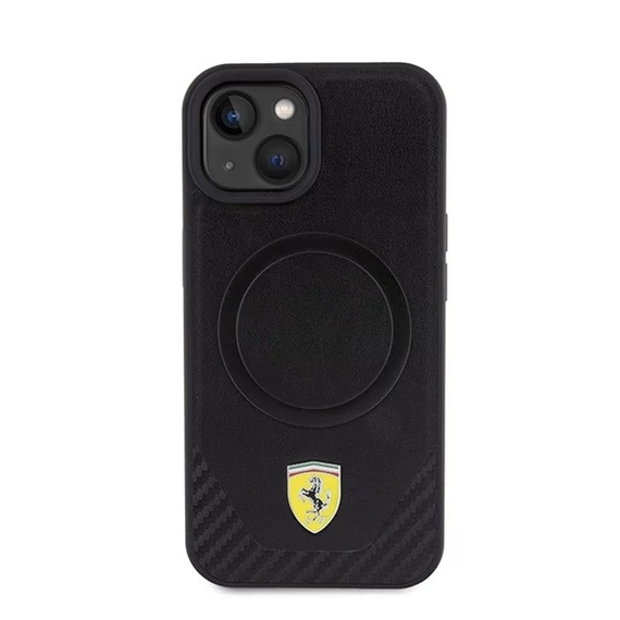 Ferrari Carbon Metal Logo  iPhone 15 / 14 / 13 MagSafe kompatibilis kemény hátlap tok, fekete FEHMP15SPTEK