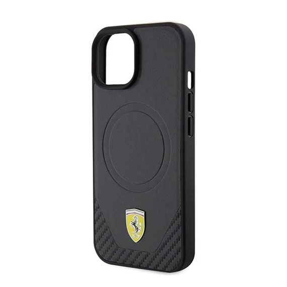 Ferrari Carbon Metal Logo  iPhone 15 / 14 / 13 MagSafe kompatibilis kemény hátlap tok, fekete FEHMP15SPTEK