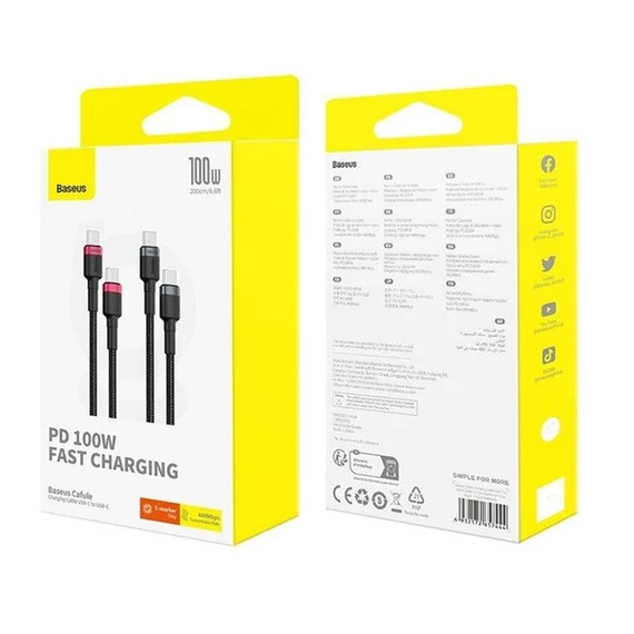 Baseus Cafule USB-C USB-C töltőkábel, 100W,2m, fekete-piros/fekete-szürke