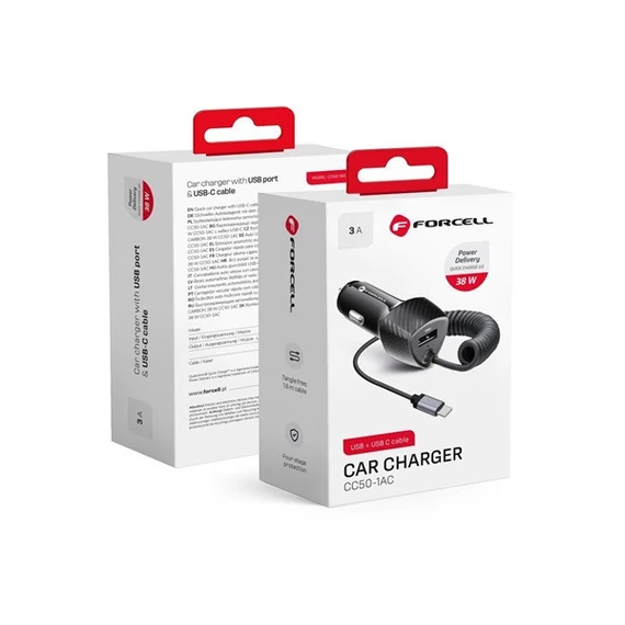 FORCELL F-ENERGY CC50-1AC USB-A autós töltő USB-C kábellel, PD QC3.0, 3A, 38W, carbon fekete