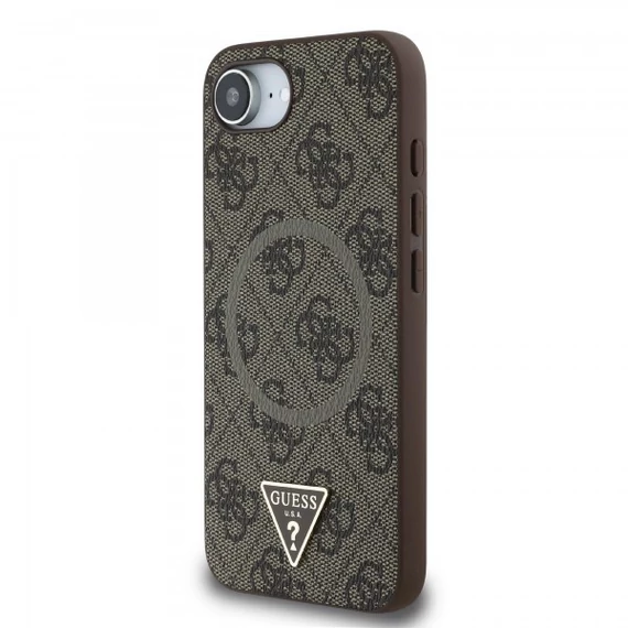 Guess PU 4G Strass Triangle Metal Logo Apple iPhone 16e MagSafe hátlap tok, barna