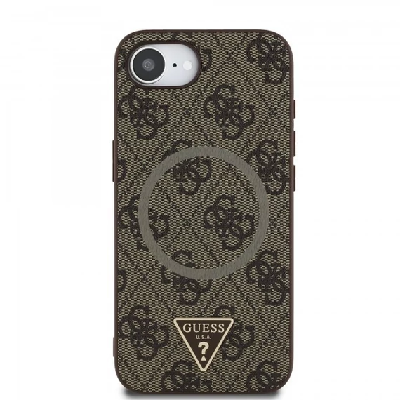 Guess PU 4G Strass Triangle Metal Logo Apple iPhone 16e MagSafe hátlap tok, barna