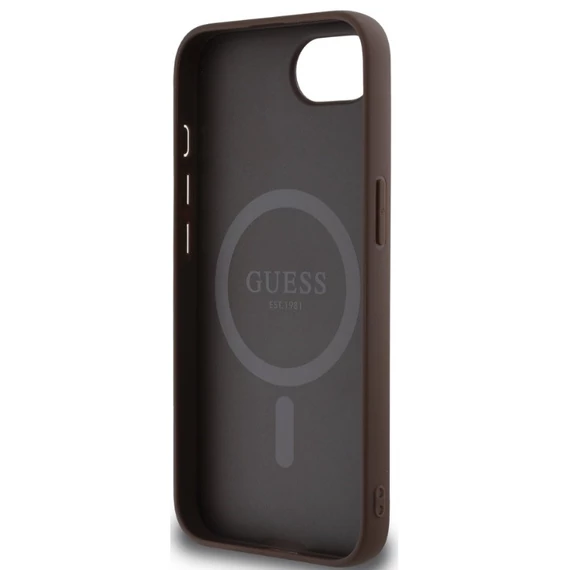 Guess PU 4G Strass Triangle Metal Logo Apple iPhone 16e MagSafe hátlap tok, barna