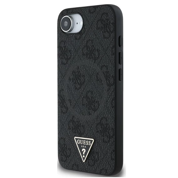 Guess PU 4G Strass Triangle Metal Logo Apple iPhone 16e MagSafe hátlap tok, fekete